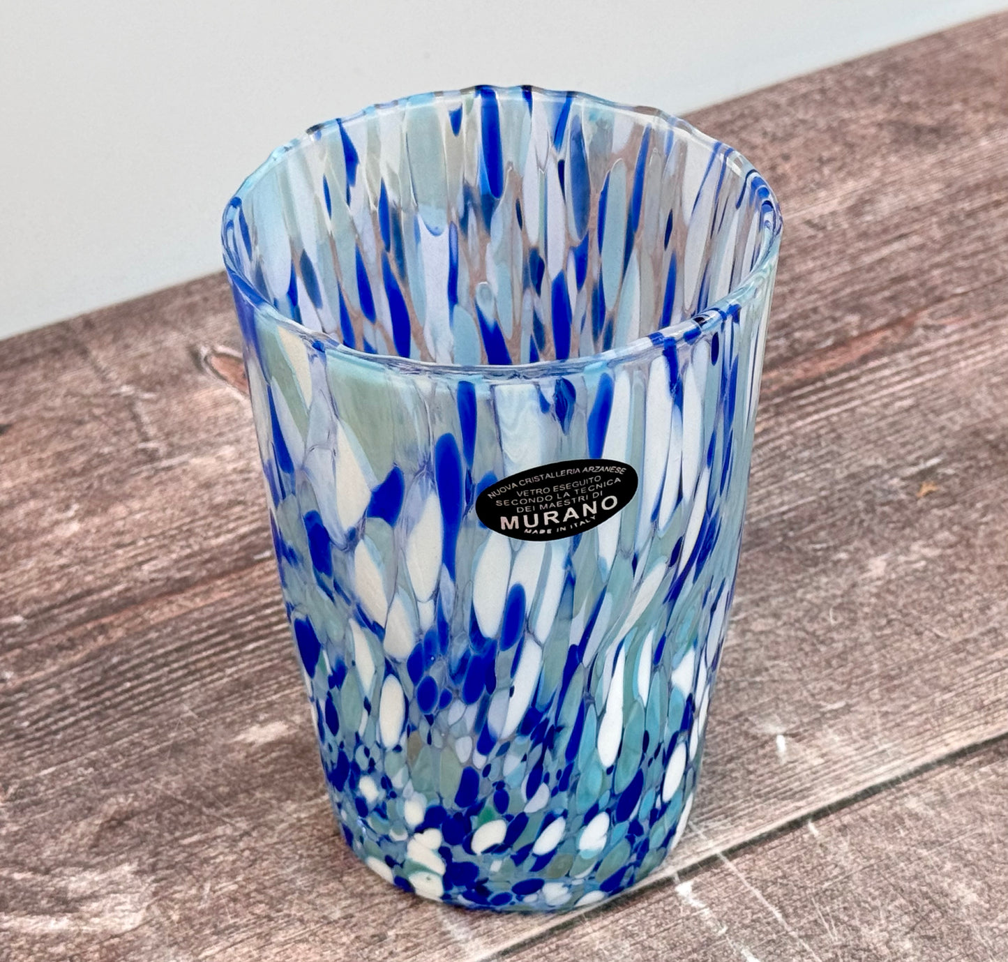 Blue and White Speckled Murano Drinking Glass, 12.5cm