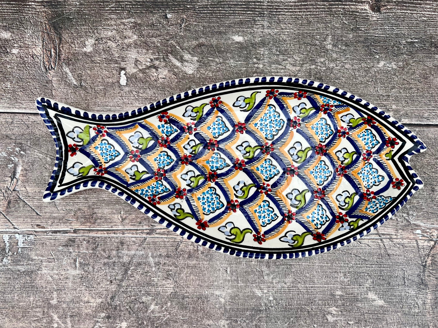 Dark Blue Patterned Fish Plate, 30cm