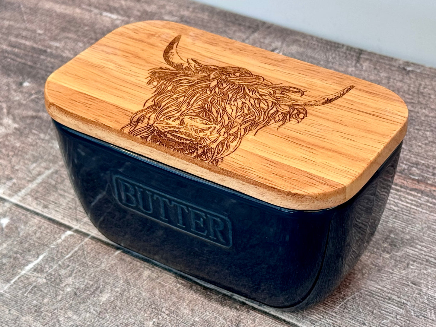 Highland Cow Blue Butter Dish