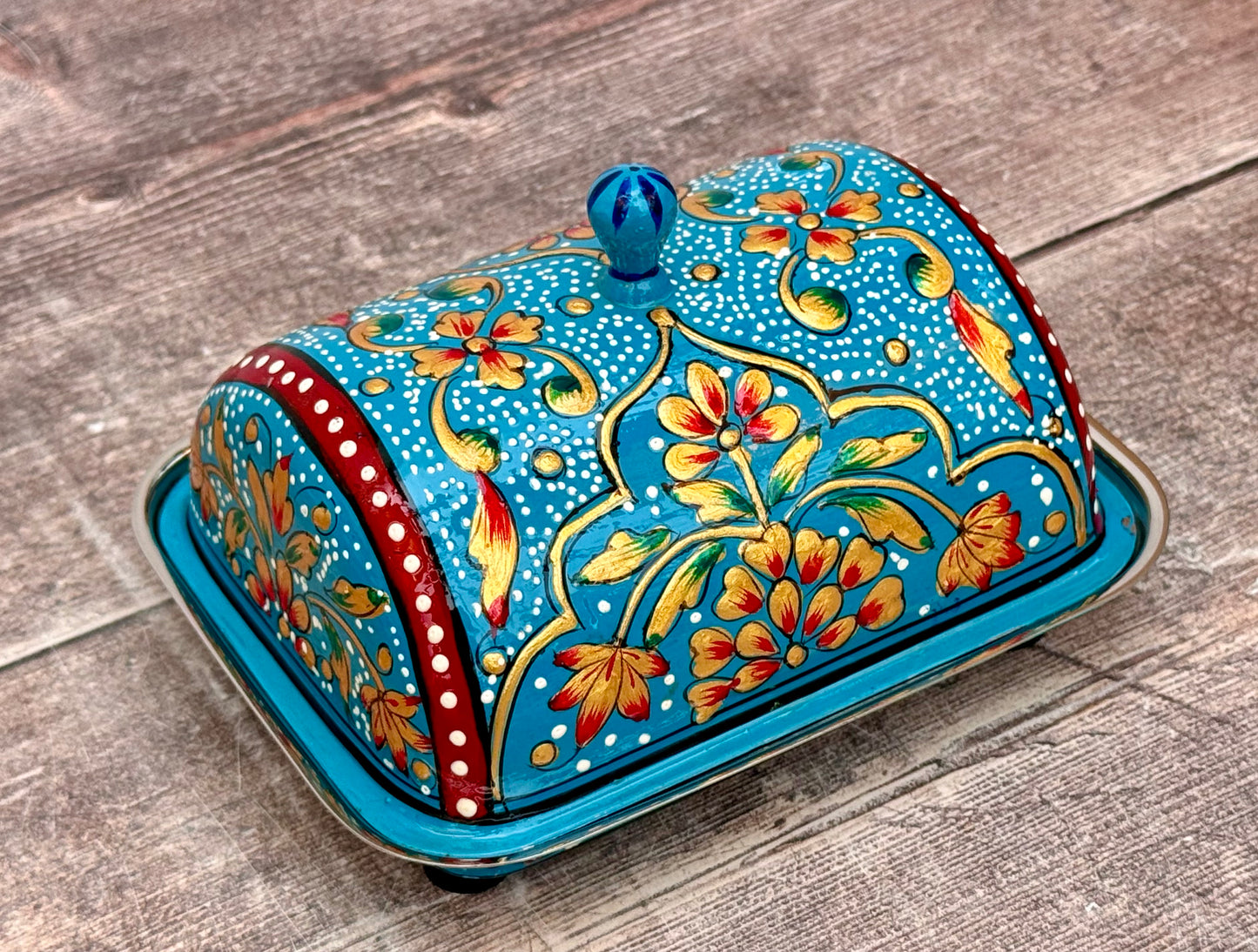 Handpainted Blue Patterned Butter Dish