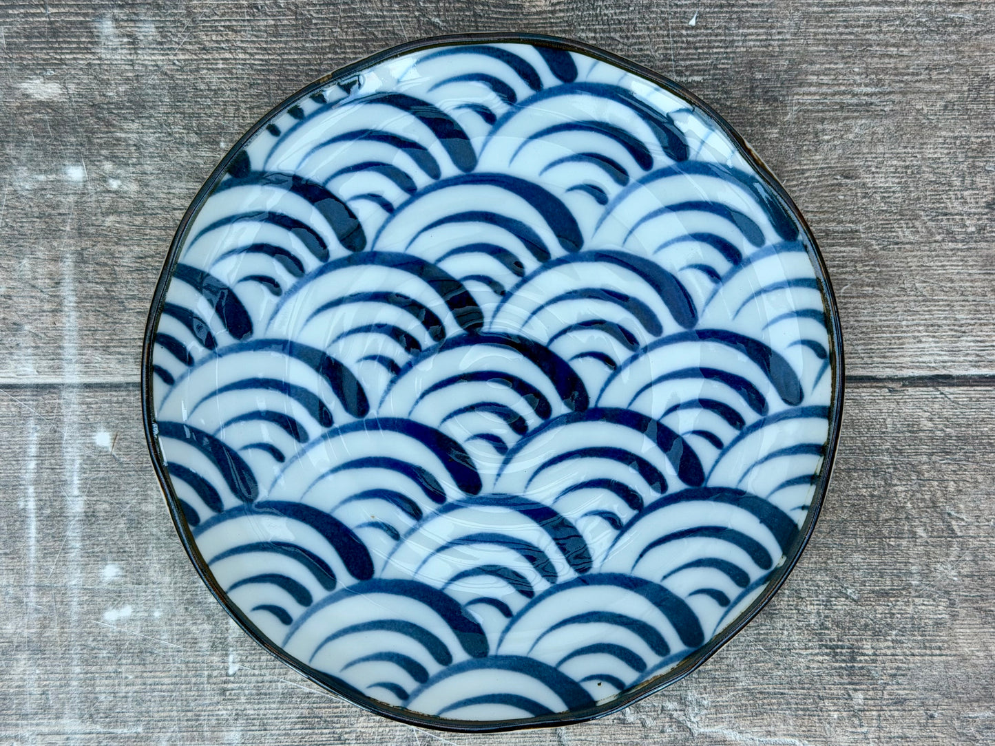 Blue and White Half Moon Patterned Japanese Plate, 16.5cm