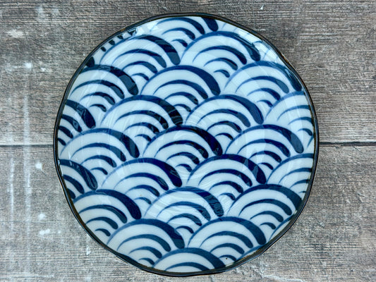 Blue and White Half Moon Patterned Japanese Plate, 16.5cm