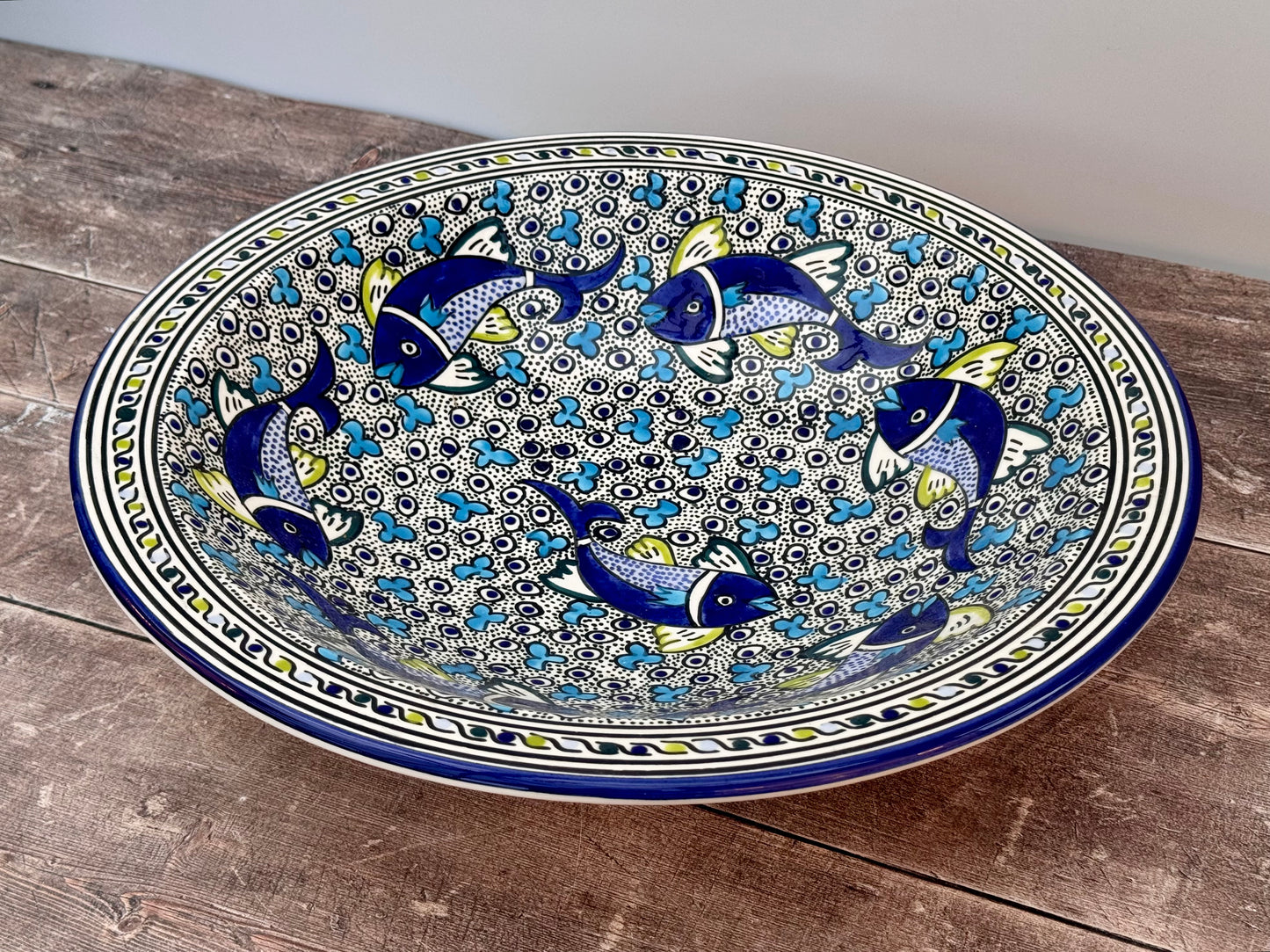 Dark Blue Fish Patterned Bowl with Flat Rim, 43cm