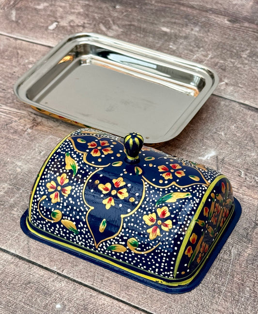 Handpainted Navy Patterned Butter Dish