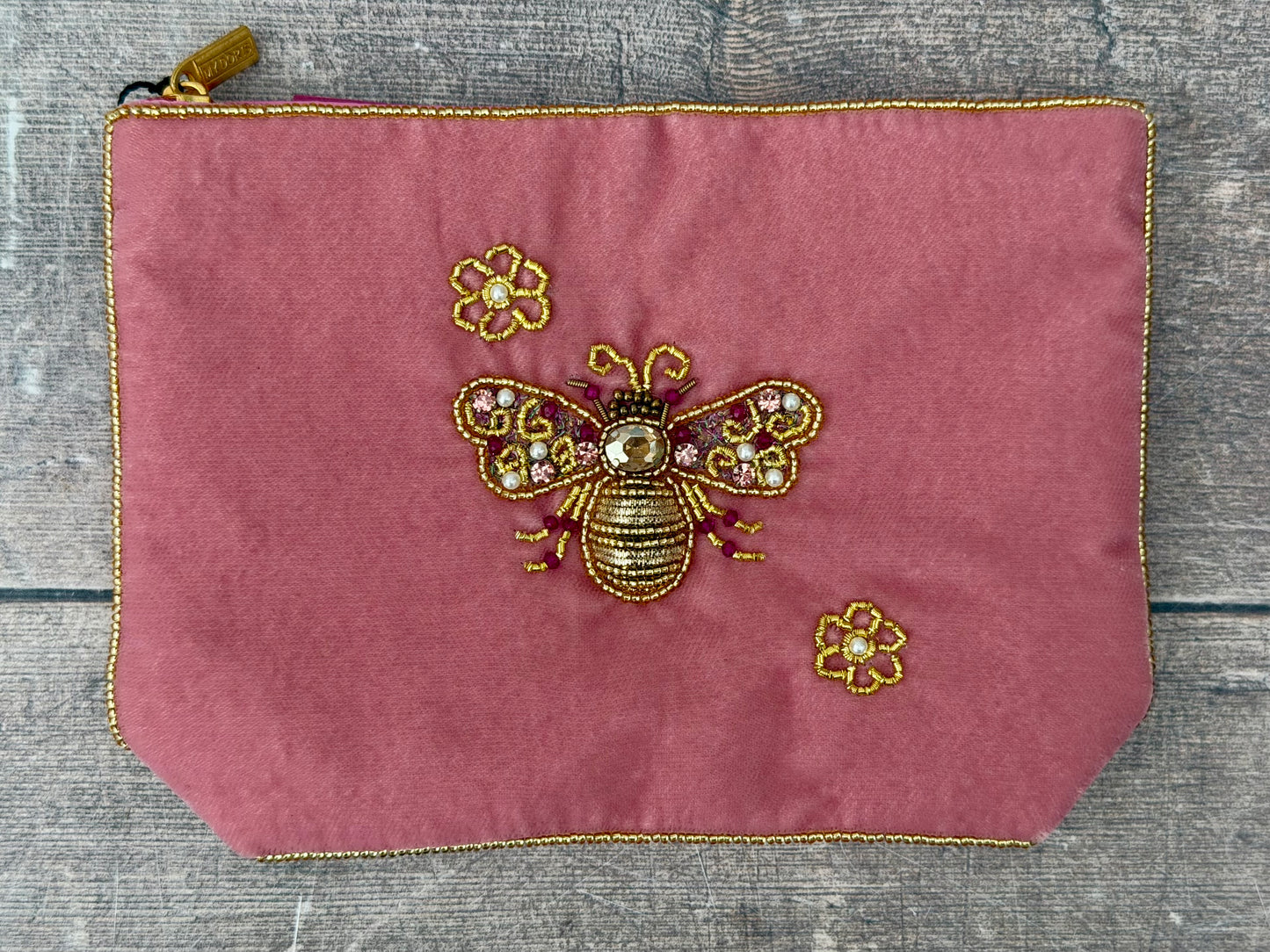 Pink Velvet Beaded Bee Design Pouch