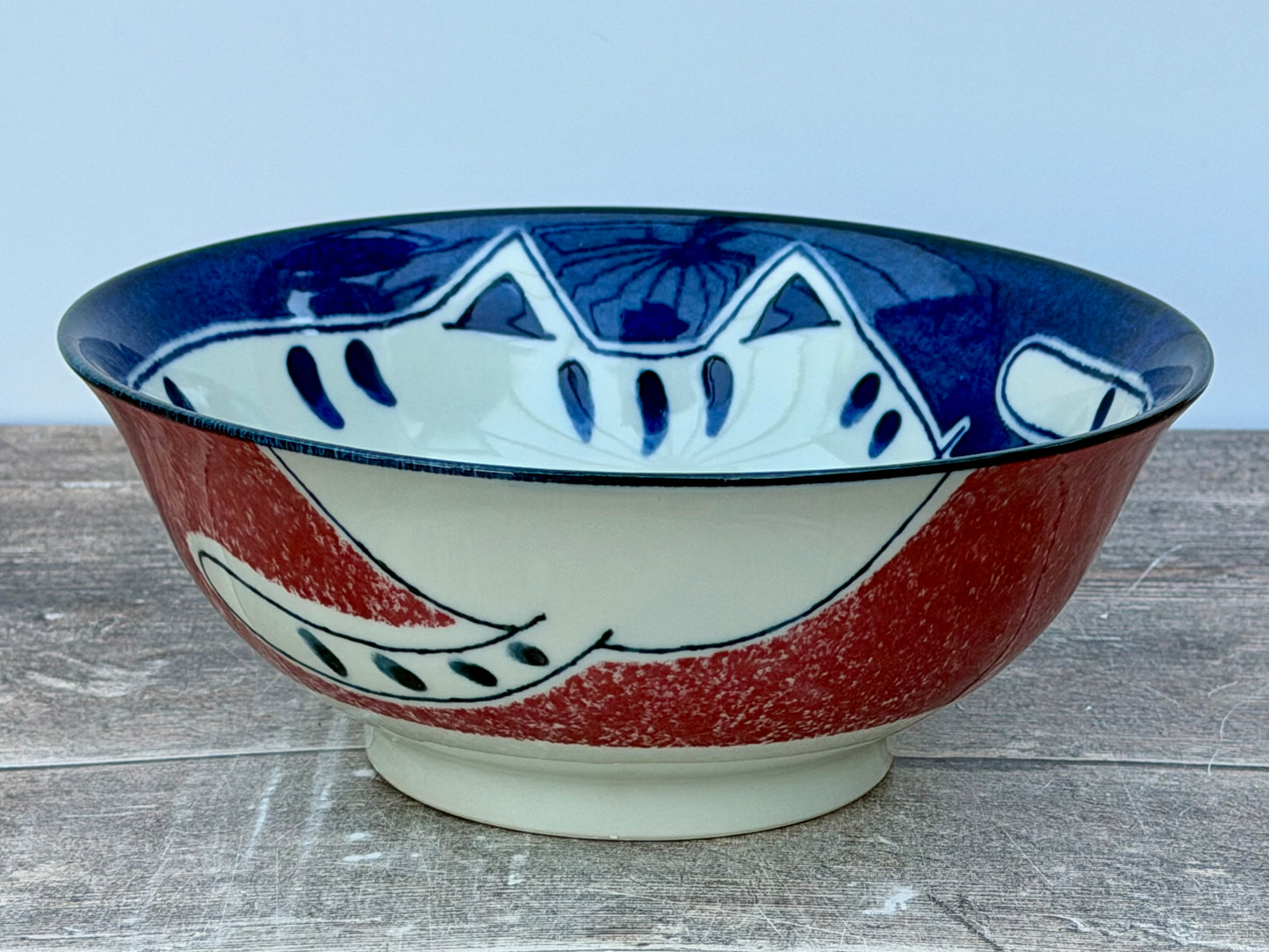 Red, Blue and White Cat Patterned Japanese Bowl, 20cm