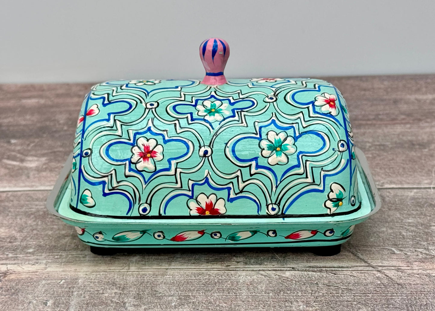 Handpainted Turquoise Butter Dish