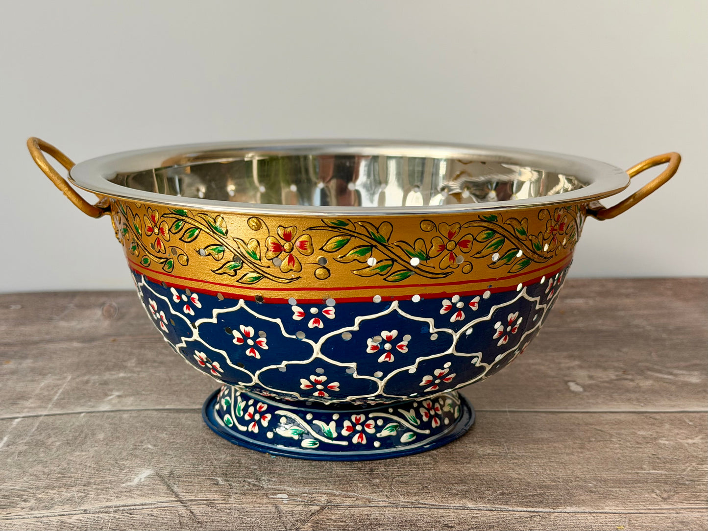 Hand Painted Stainless Steel Serving Bowl / Dish - Navy and Gold Flower Design