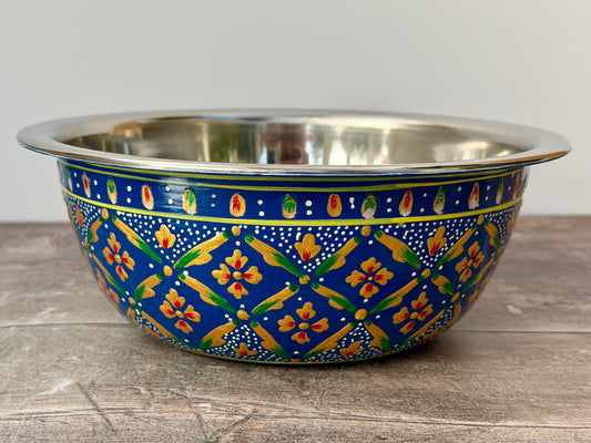 Hand Painted Stainless Steel Serving Bowl / Dish - Blue Flower Design