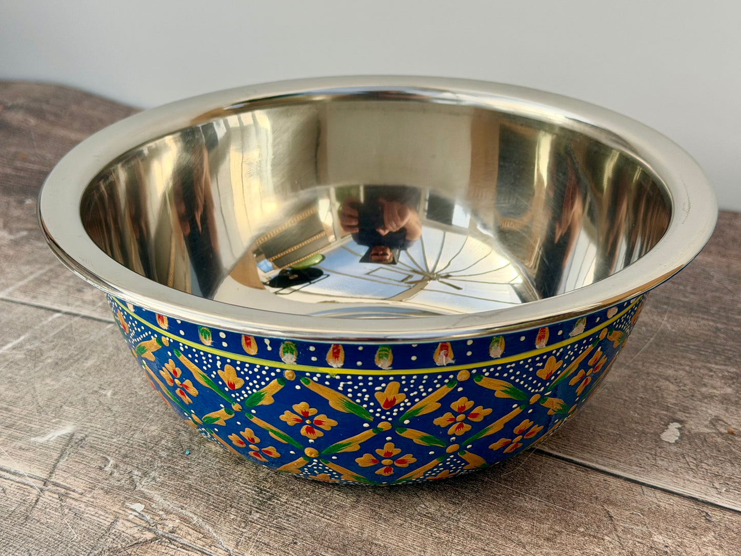 Hand Painted Stainless Steel Serving Bowl / Dish - Blue Flower Design