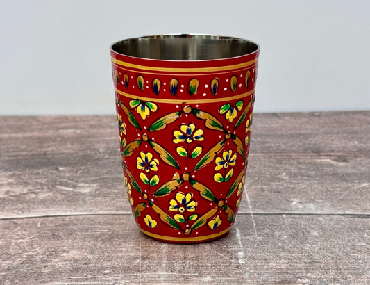 Hand Painted Stainless Steel Drinking Tumbler - Red and Yellow (Design 2)