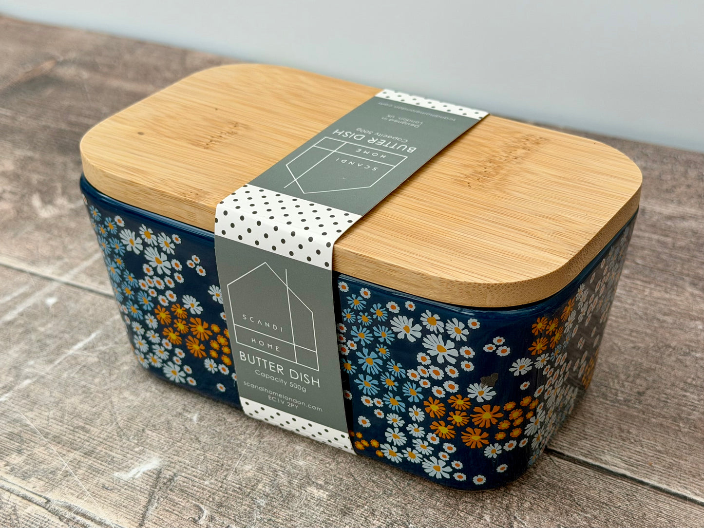 Scandi Home Navy Flower Patterned Butter Dish with Wooden Lid