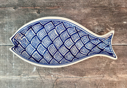 Blue and White Patterned Fish Plate, 30cm