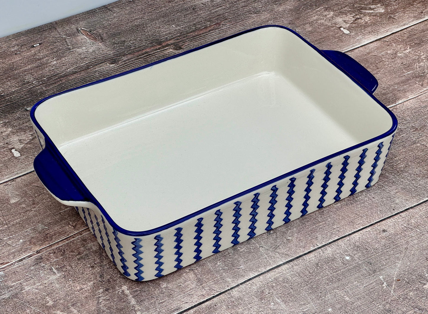 Blue and White Zig Zag Rectangular Baking Dish, 34cm