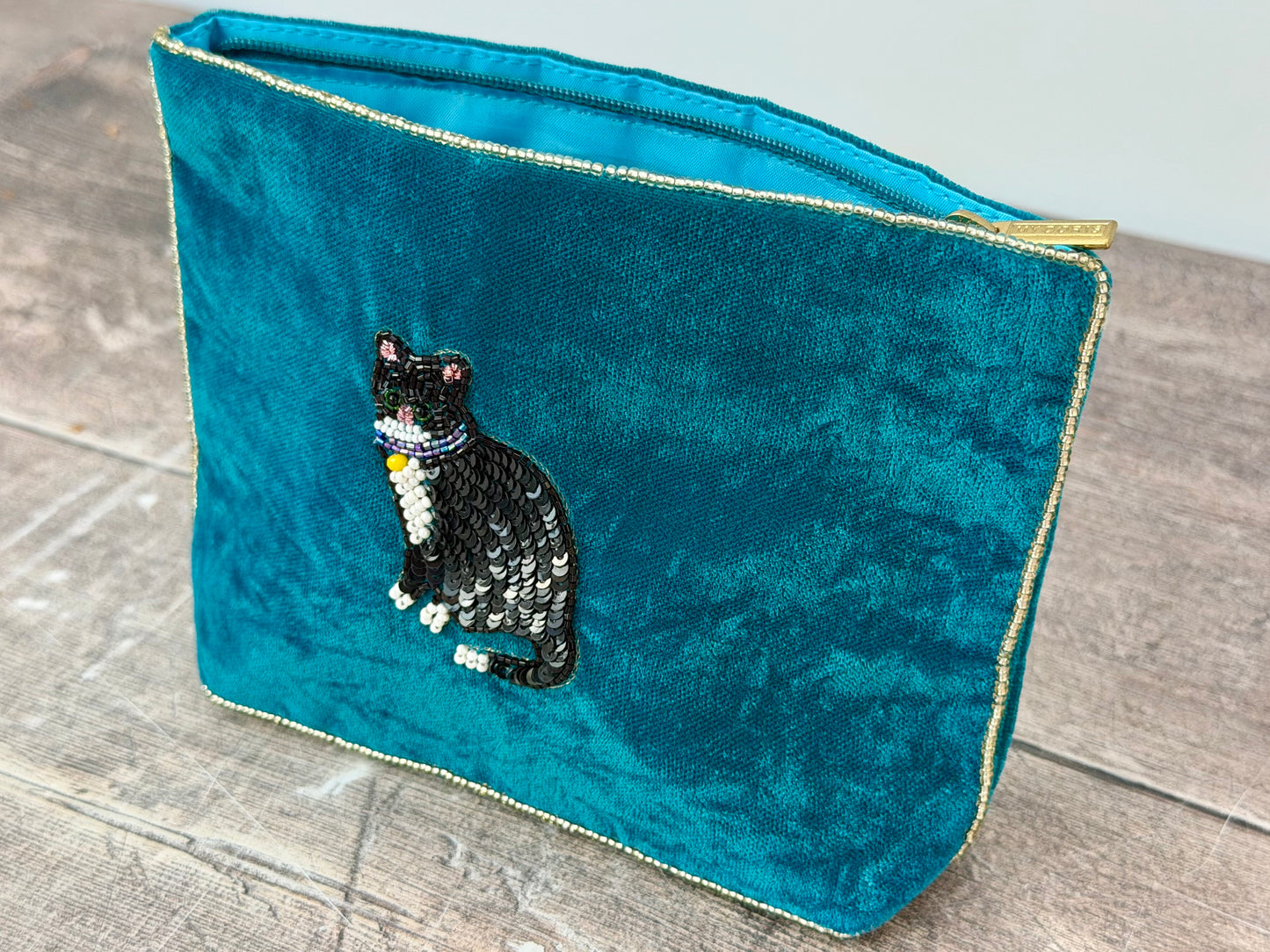 Teal Velvet Beaded Black Cat Design Pouch