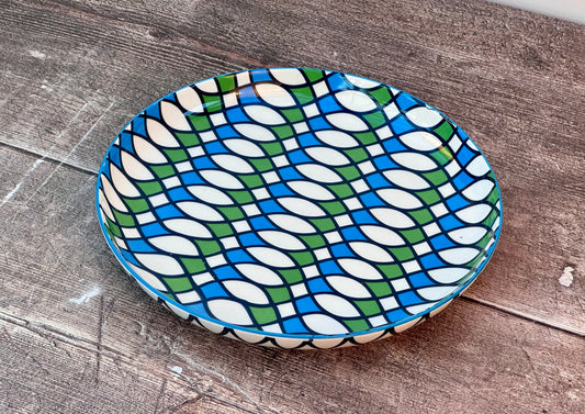 Blue, Green and White Patterned Plate, 18.5cm