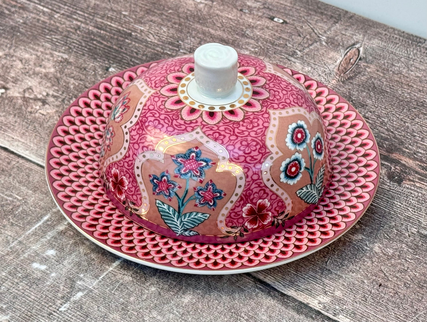 Dark Pink Patterned Round Butter Dish, 17cm