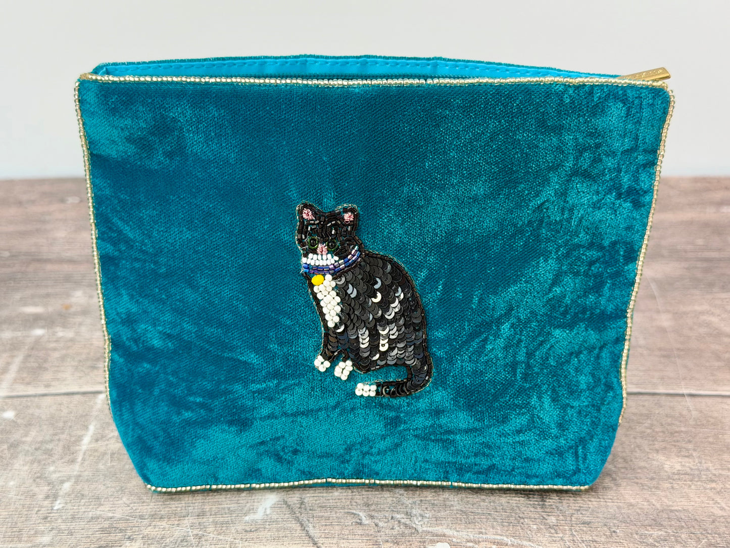Teal Velvet Beaded Black Cat Design Pouch