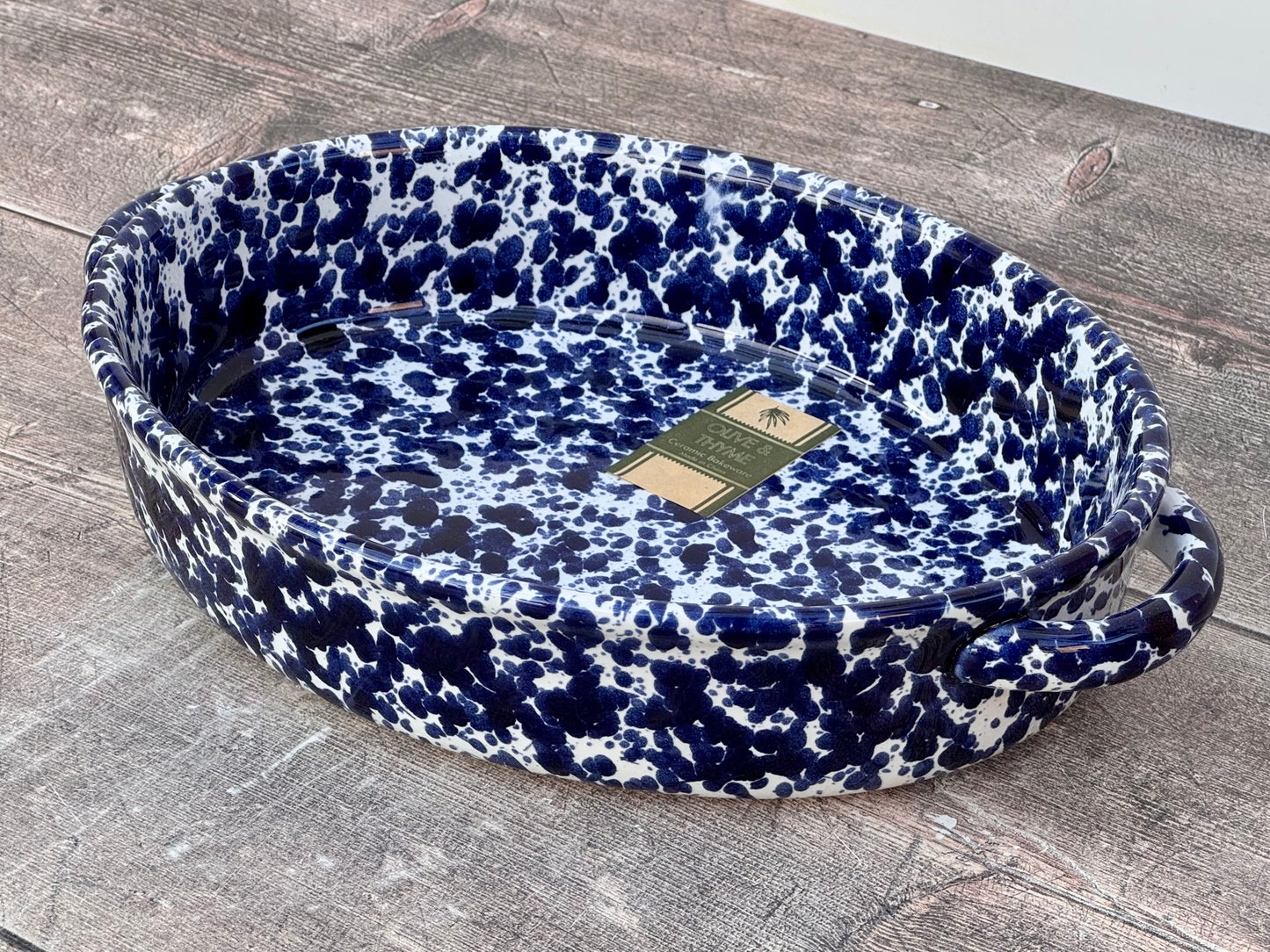 Blue and White Speckled Oval Baking Dish