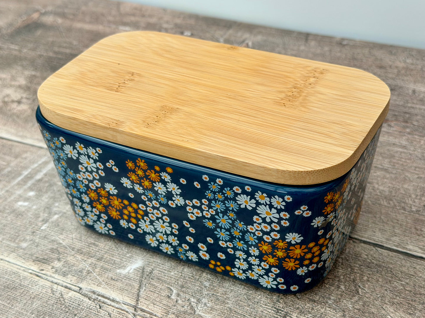 Scandi Home Navy Flower Patterned Butter Dish with Wooden Lid