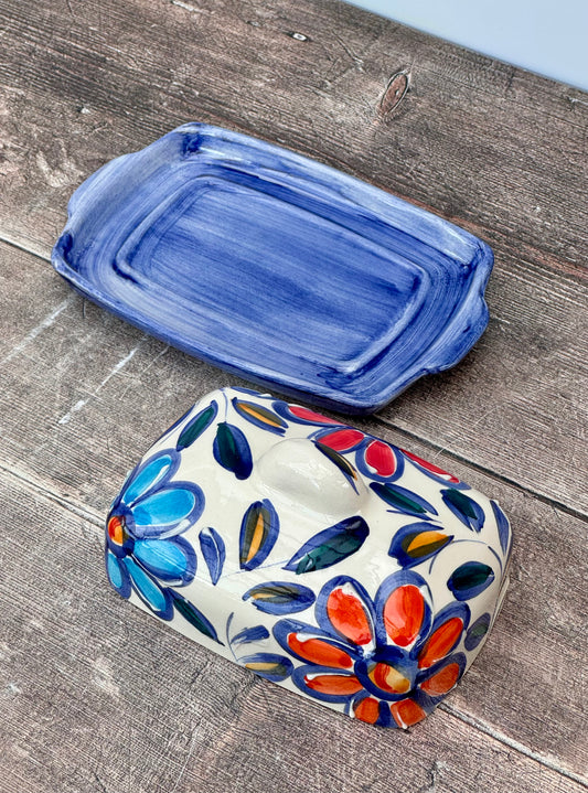 Blue Floral Patterned Butter Dish