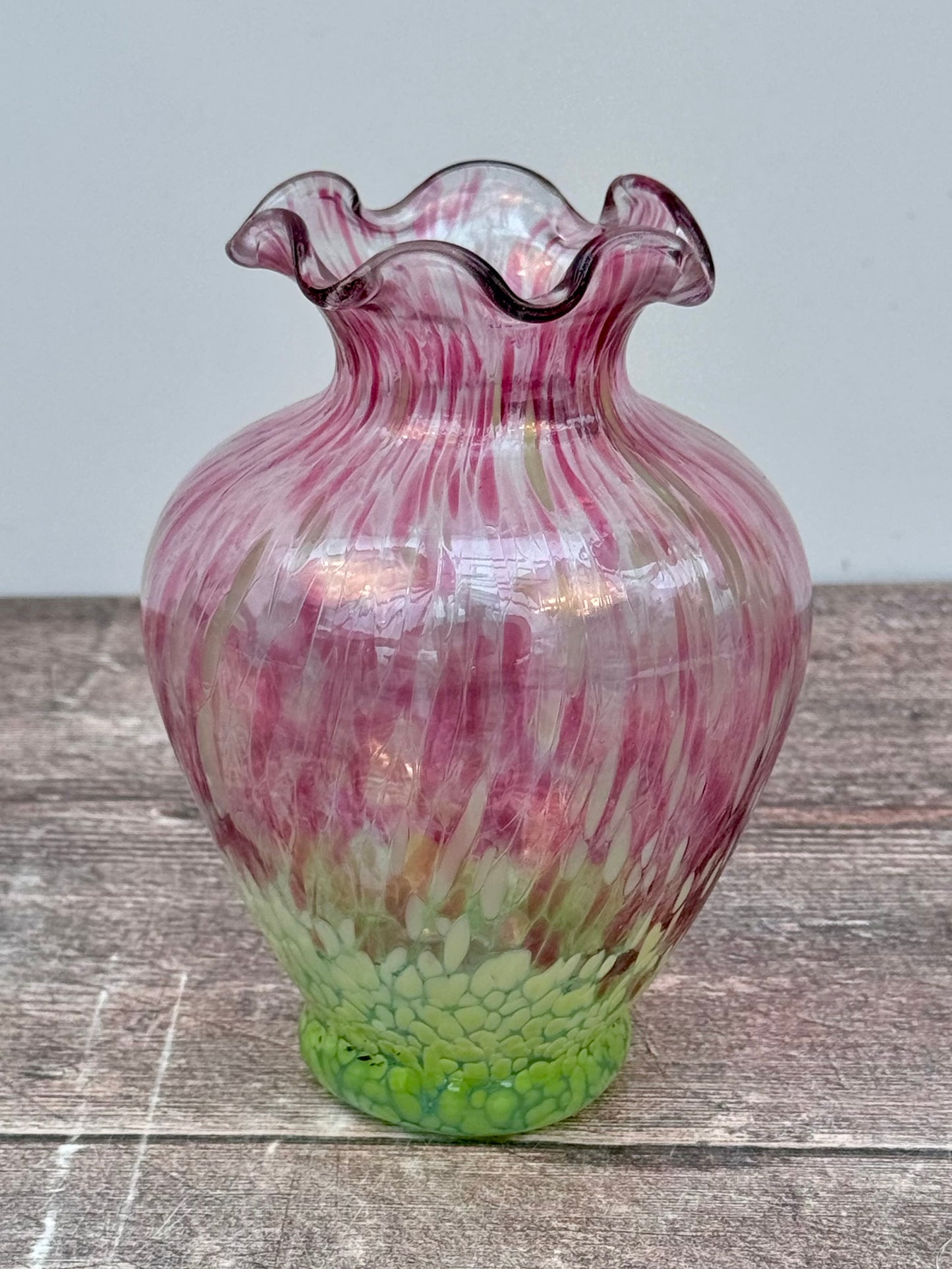 Purple and Green Speckled Glass Murano Style Vase, 13cm