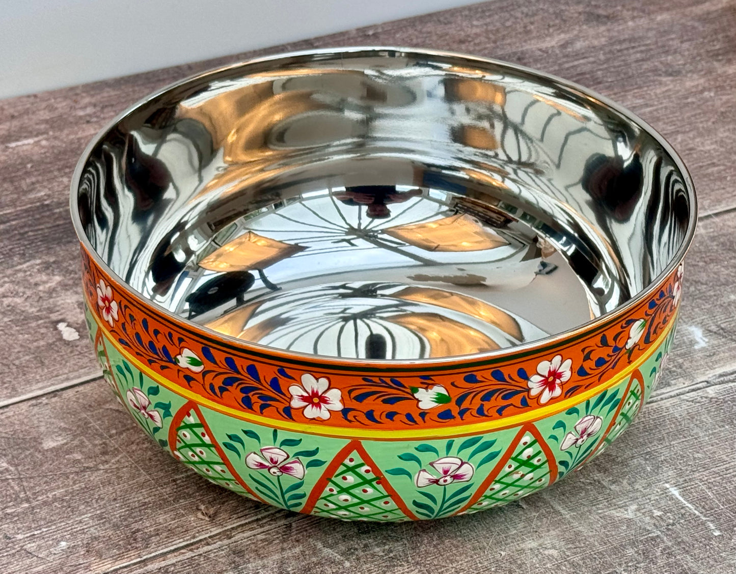 Hand Painted Stainless Steel Serving Bowl / Dish - Green and Orange (Design 5)