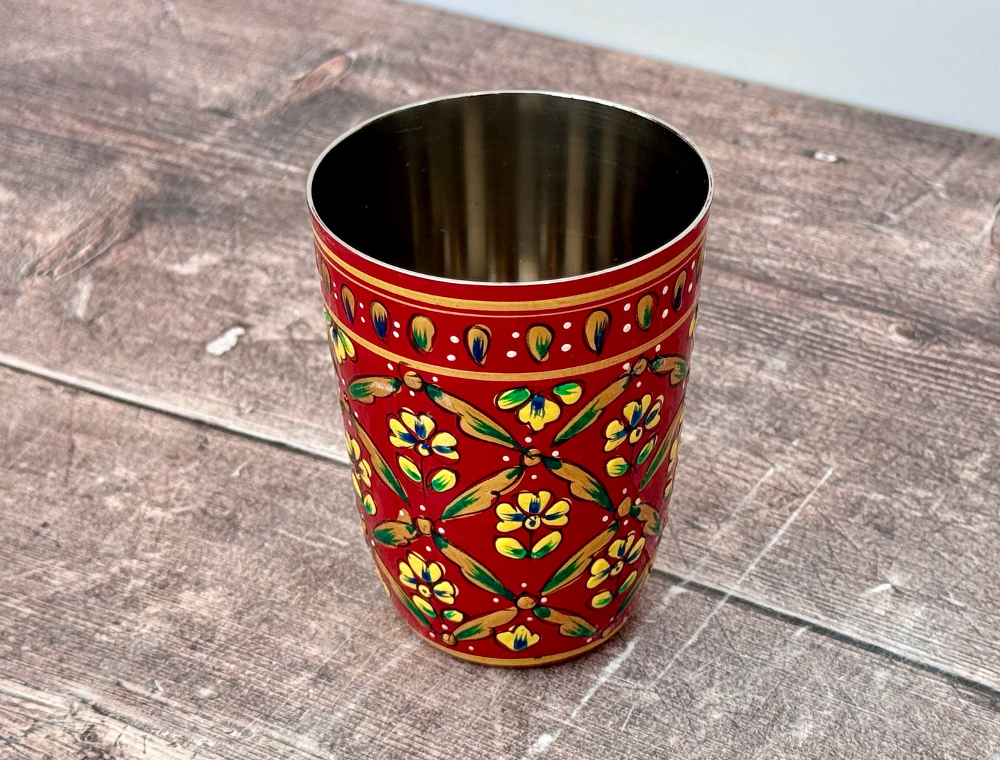 Hand Painted Stainless Steel Drinking Tumbler - Red and Yellow (Design 2)