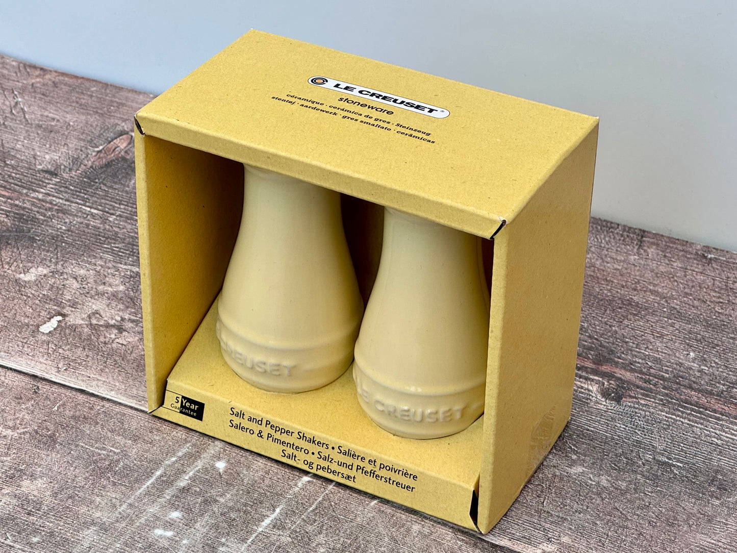 Pale Yellow Le Creuset Salt and Pepper Shakers