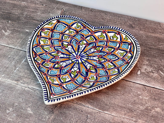 Dark Blue Patterned Heart Shaped Plate, 28cm