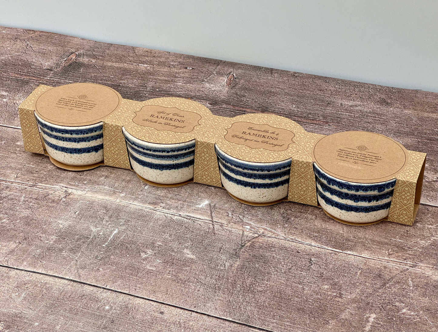 Set of 4 Blue Stripe Round Ramekin, 9.5cm