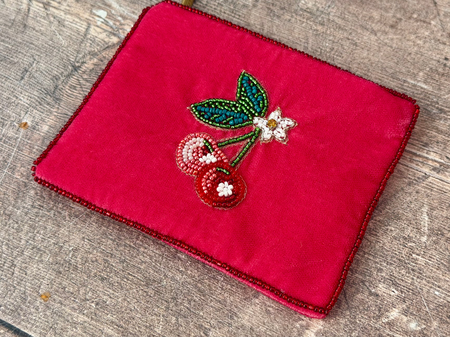 Small Pink Cherry Beaded Purse