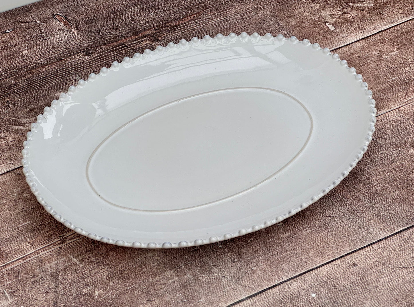 White Beaded Edge Oval Serving Plate, 33cm