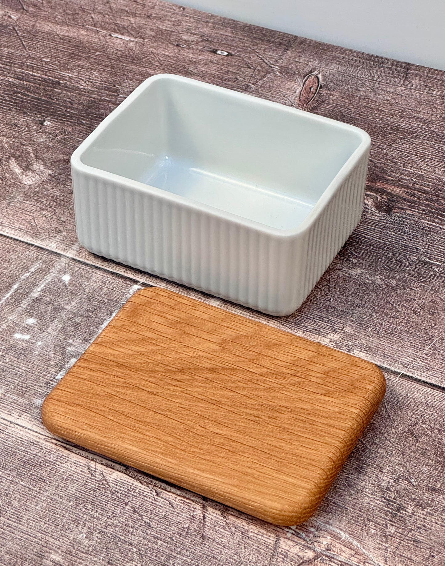 White Butter Dish with Oak Lid