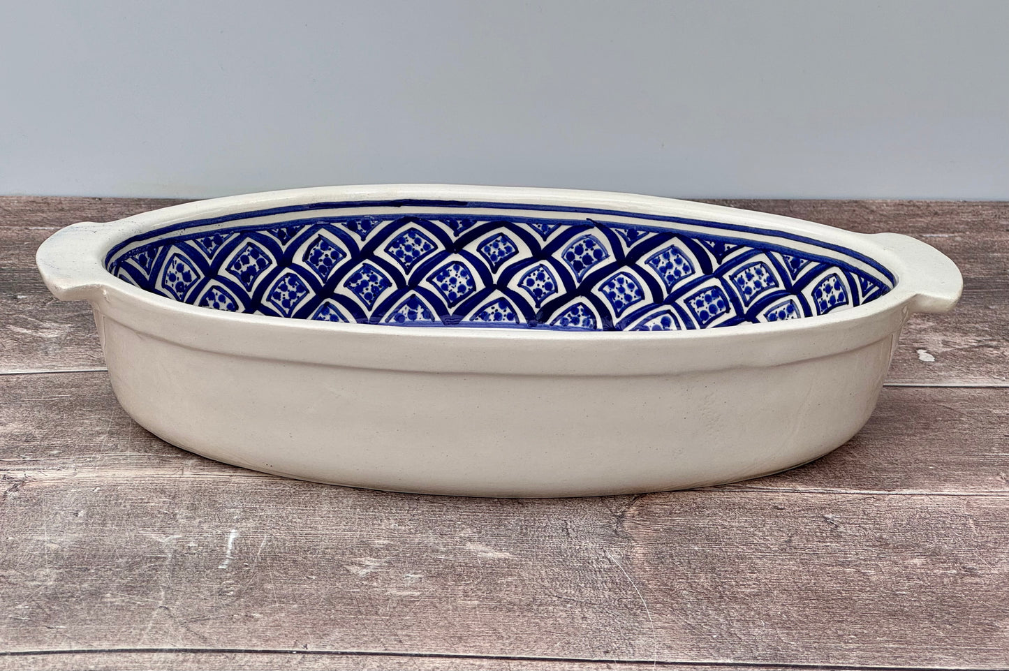 Blue and White Handpainted Oval Baking Dish, 32cm