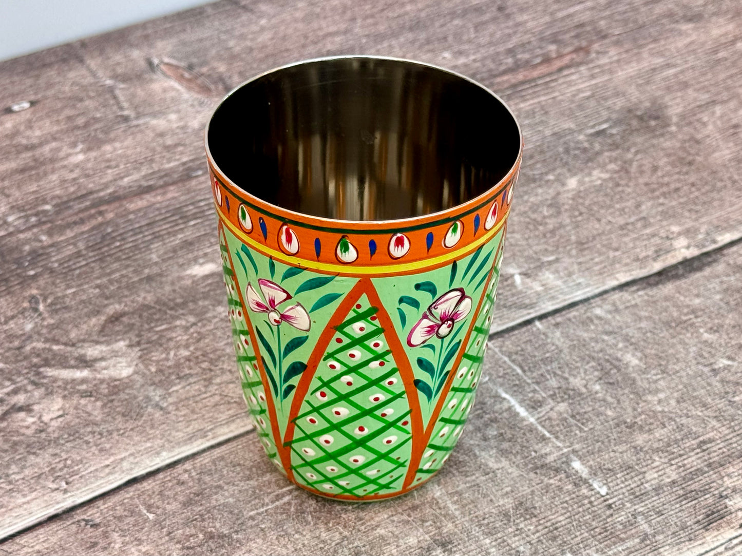 Hand Painted Stainless Steel Drinking Tumbler - Green and Orange (Design 5)