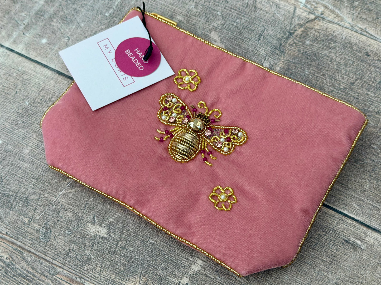 Pink Velvet Beaded Bee Design Pouch