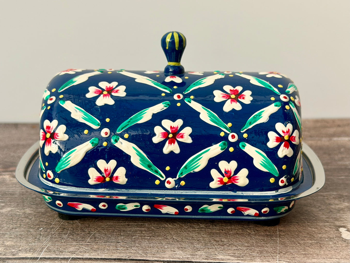 Handpainted Dark Blue Flower Patterned Butter Dish