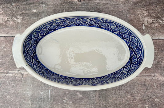 Blue and White Handpainted Oval Baking Dish, 32cm