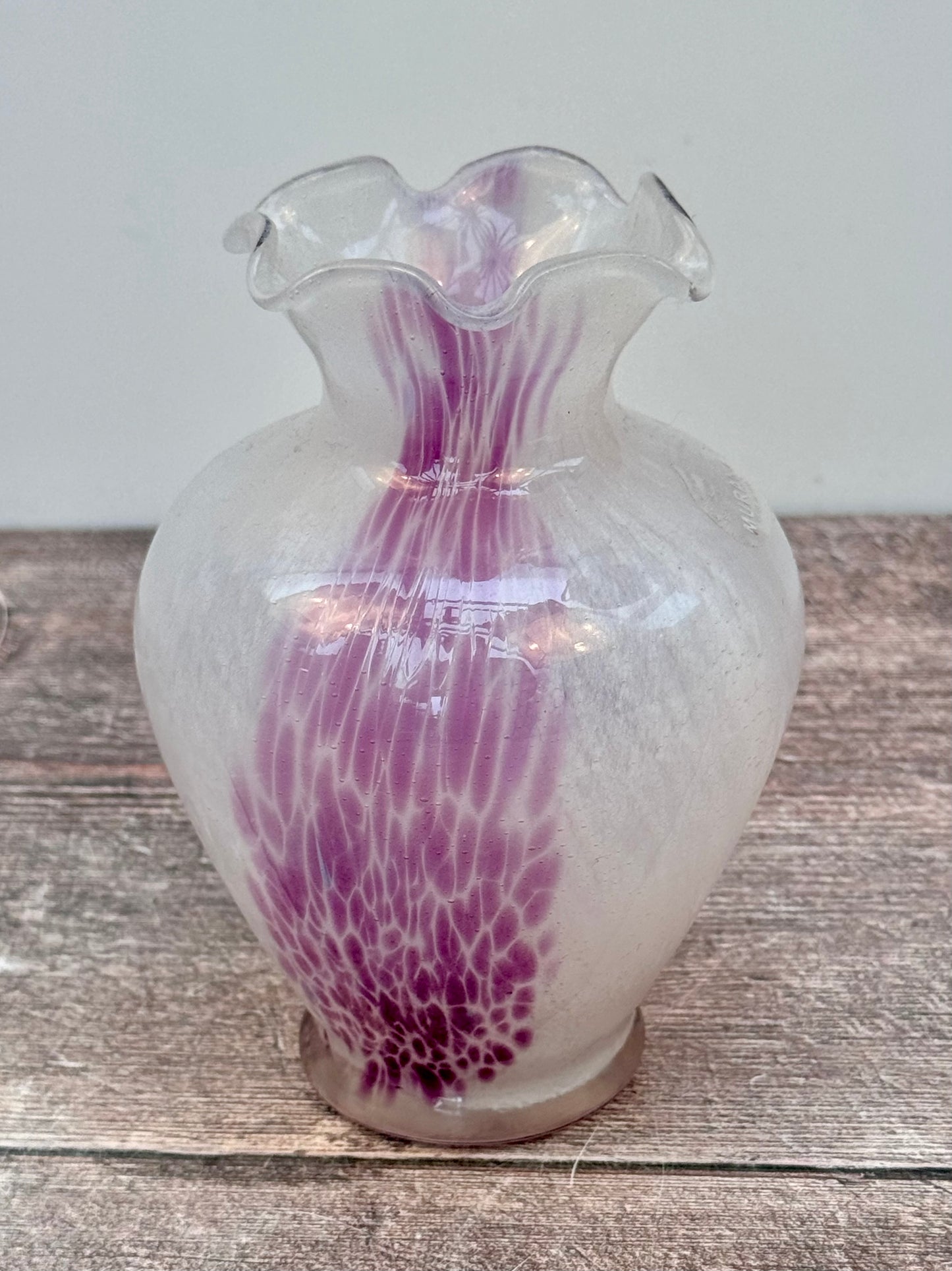 Purple and White Speckled Glass Murano Style Vase, 13cm