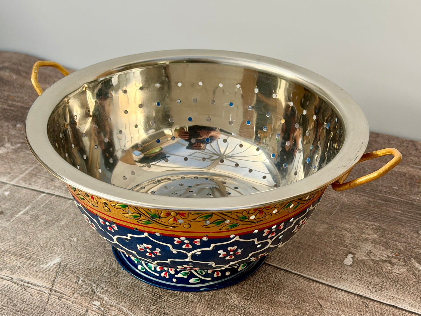 Hand Painted Stainless Steel Serving Bowl / Dish - Navy and Gold Flower Design