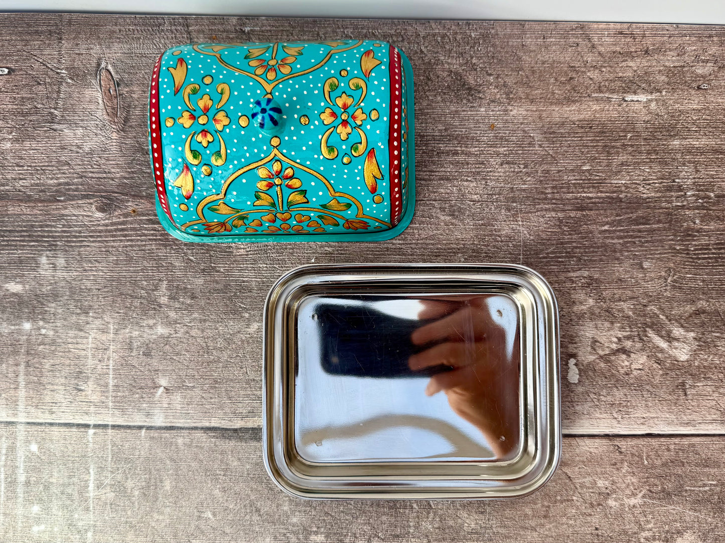 Handpainted Blue Patterned Butter Dish