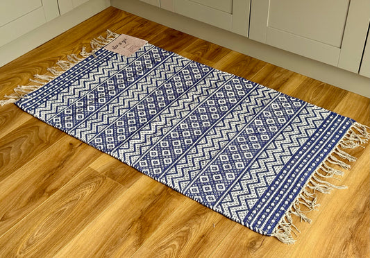 Blue and White Geometric Patterned Rug, 69cm x 114cm