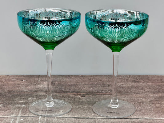 2 Peacock Champagne/Cocktail Saucer Glasses