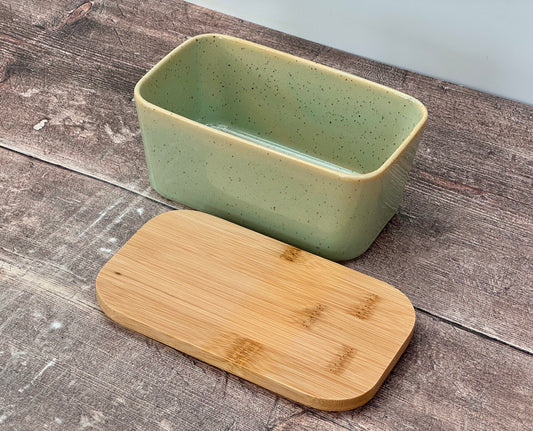 Scandi Home Pale Green Butter Dish with Wooden Lid
