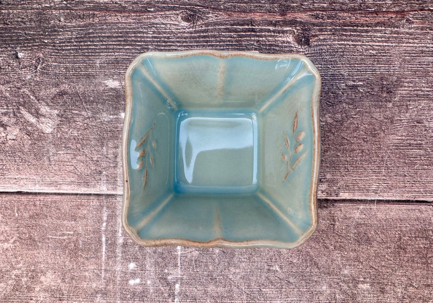 Turquoise Square Ramekin with Leaf Detail, 10cm