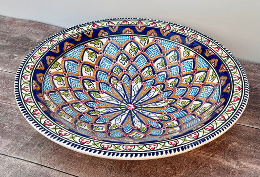 Dark Blue Patterned Bowl with Flat Rim, 43cm