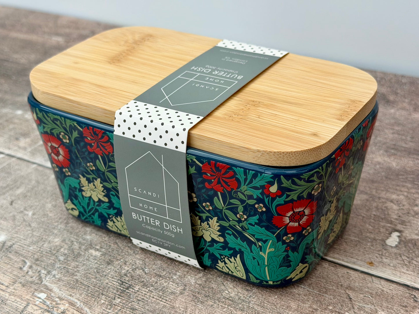 Scandi Home Navy Multi-Coloured Flower Patterned Butter Dish with Wooden Lid