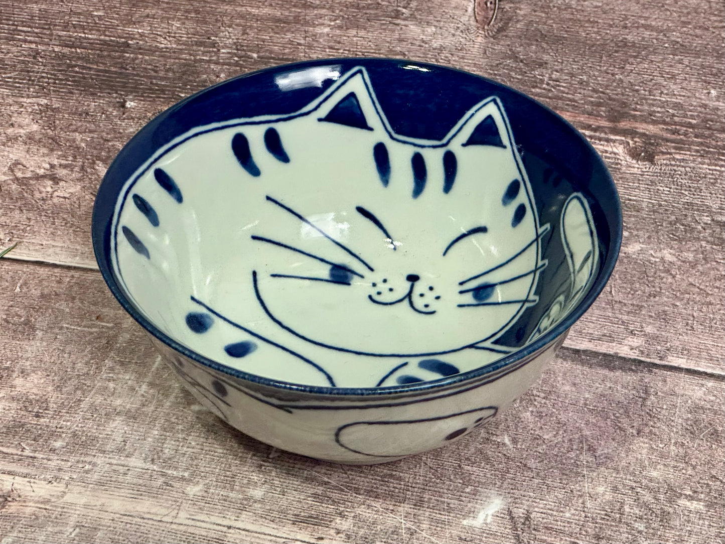Blue and White Cat Patterned Japanese Bowl, 15cm