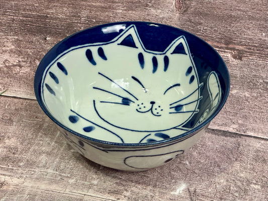 Blue and White Cat Patterned Japanese Bowl, 15cm